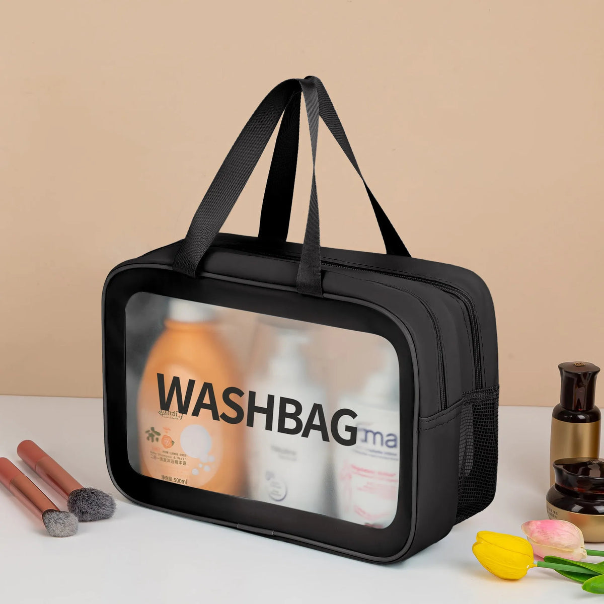 Large PVC transparent cosmetic bag set of three wash bags in beige and black