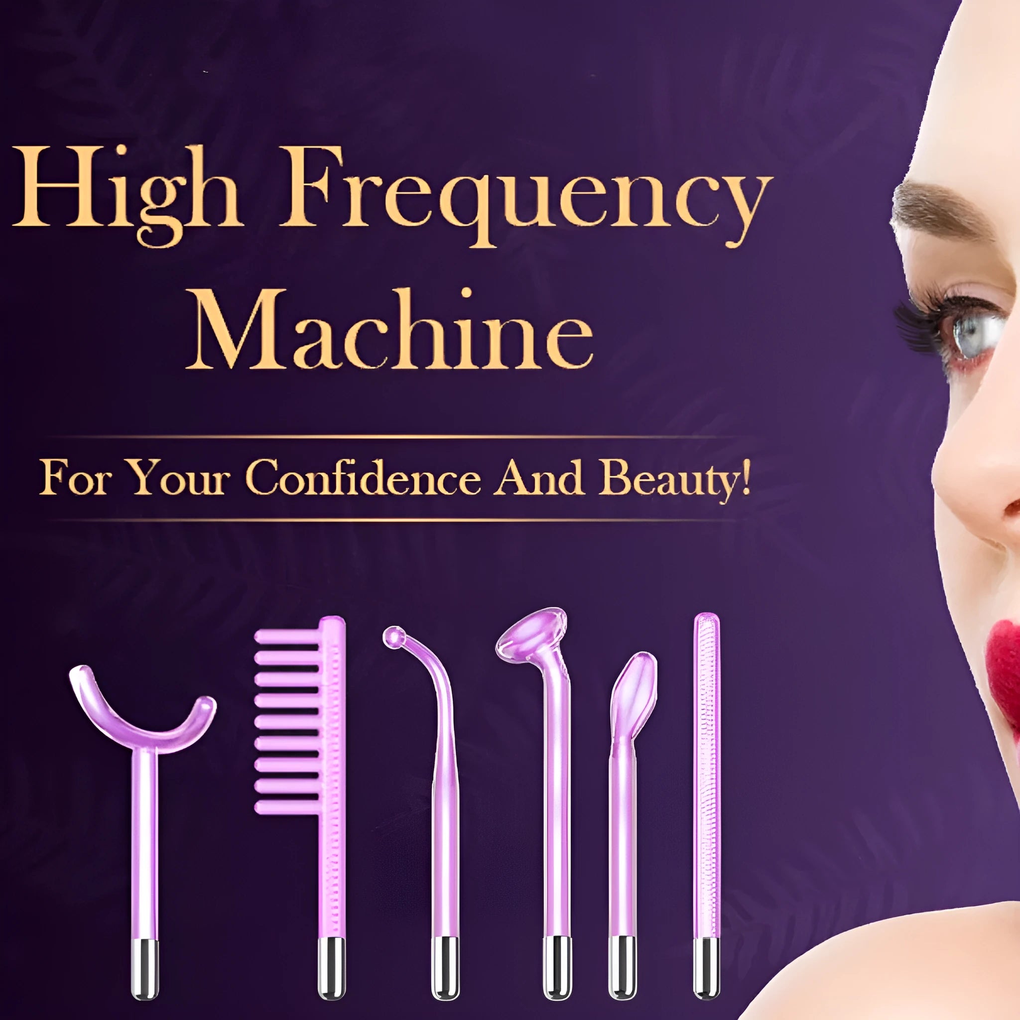 Purple high-frequency electrotherapy beauty instrument with six accessory heads for commercial facial treatments