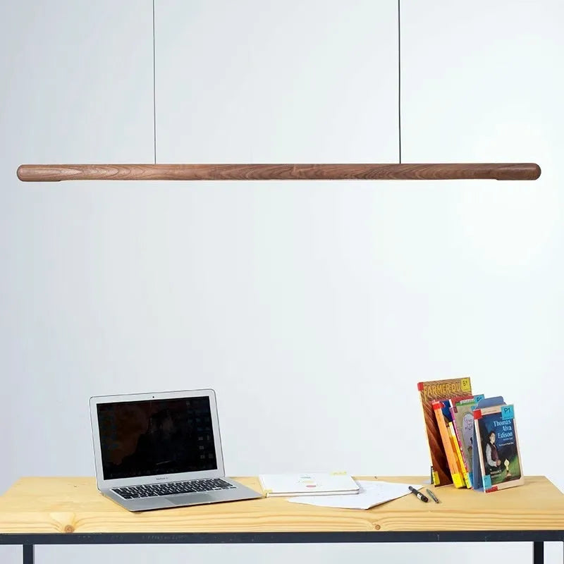 Round bar long pendant lamp in black walnut wood finish for living room ceiling