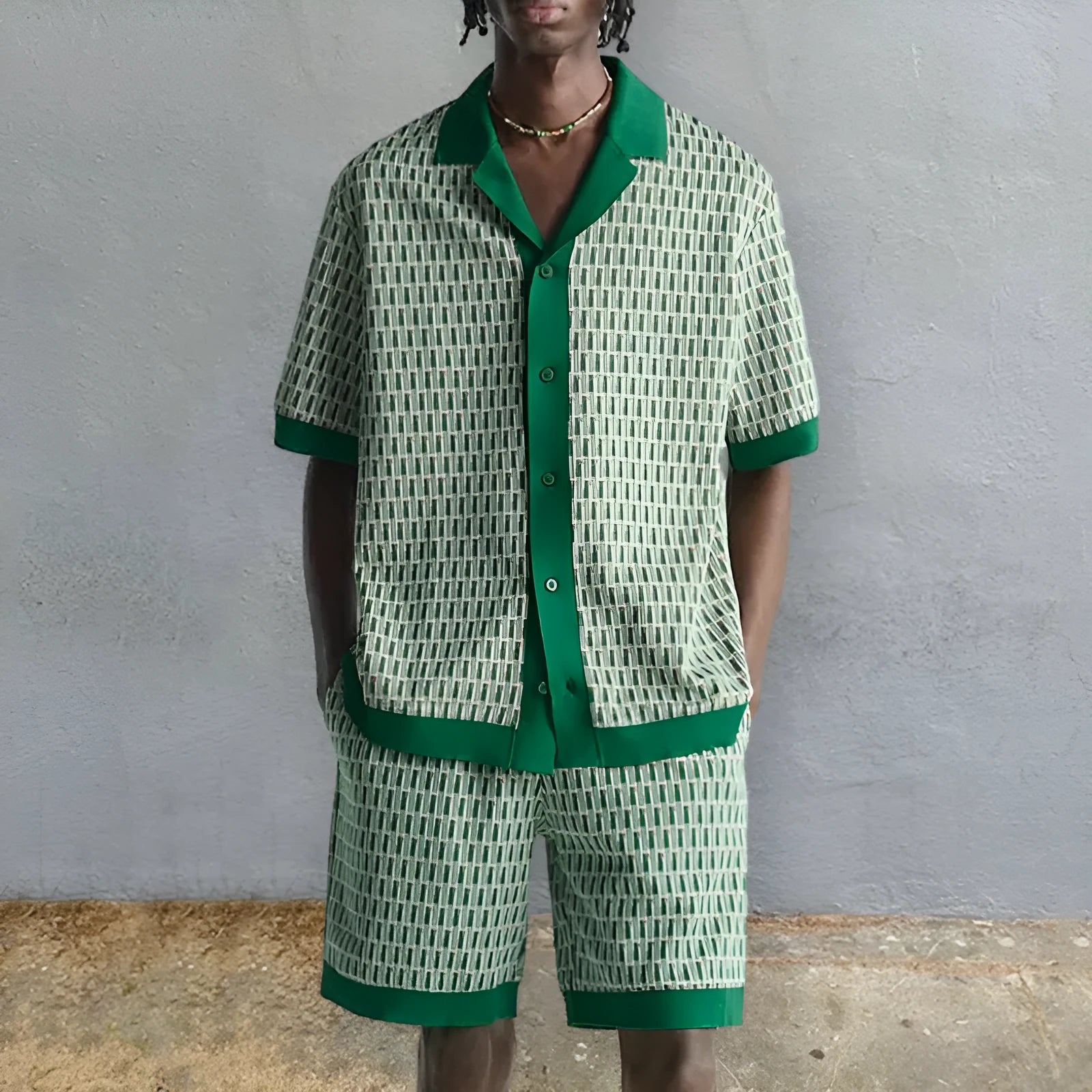 Men's printed short-sleeve shirt and matching shorts two-piece set in a plus size range.