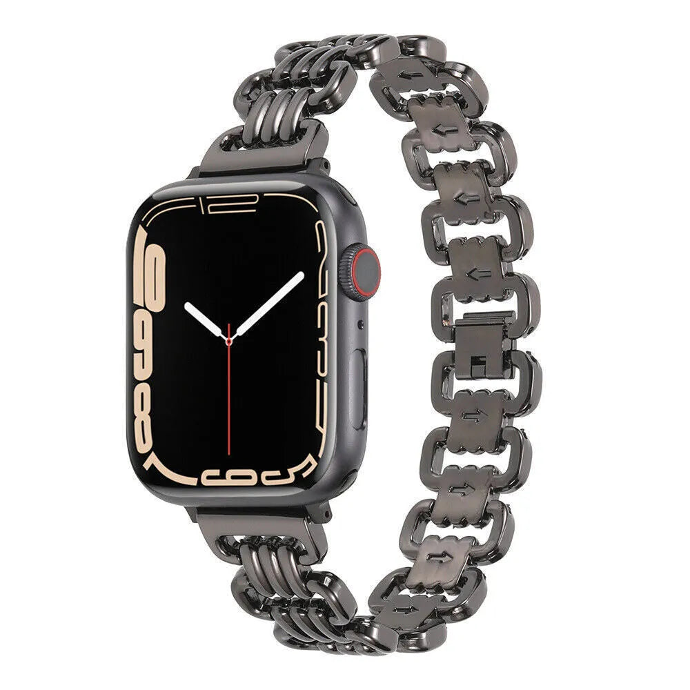 Alloy metal Apple Watch replacement bracelet in silver, black, gold, rose gold, and starlight colours with adjustable clasp.