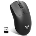 Black wireless computer mouse with three buttons and scroll wheel for laptop use