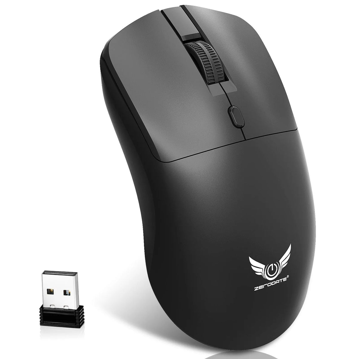 Black wireless computer mouse with three buttons and scroll wheel for laptop use