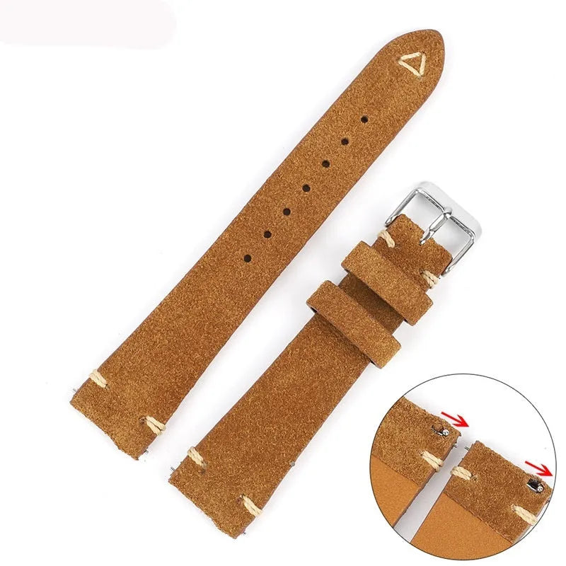 Small waist suede genuine leather watch strap showing four colour options: brown, blue, grey, and army green