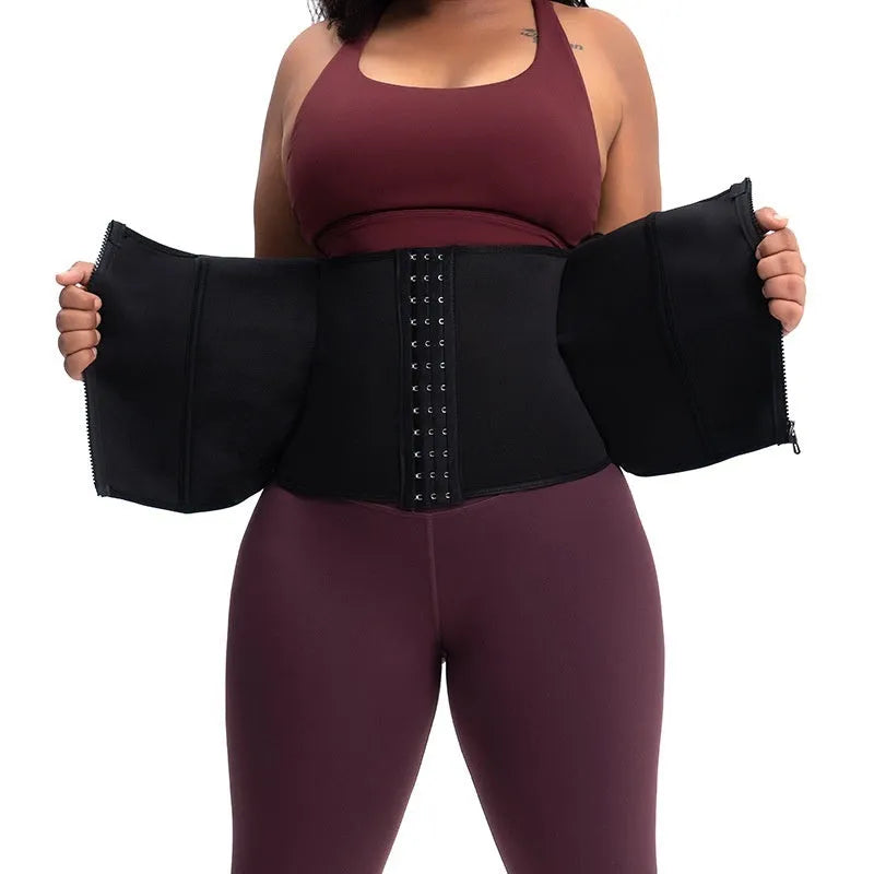 Neoprene body shaping belly band in black for waist training and yoga, with adjustable fit