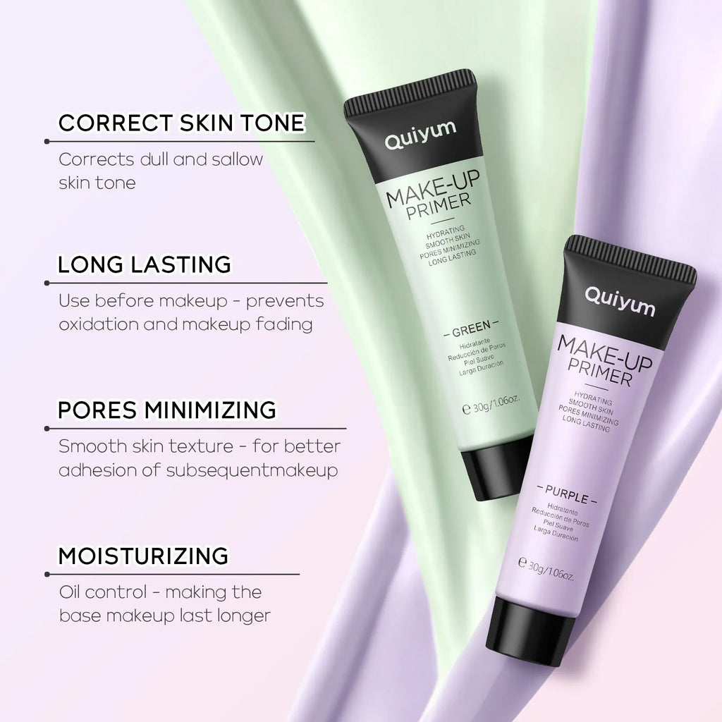 Colour correcting makeup primer box with green, pink, and purple 30g containers