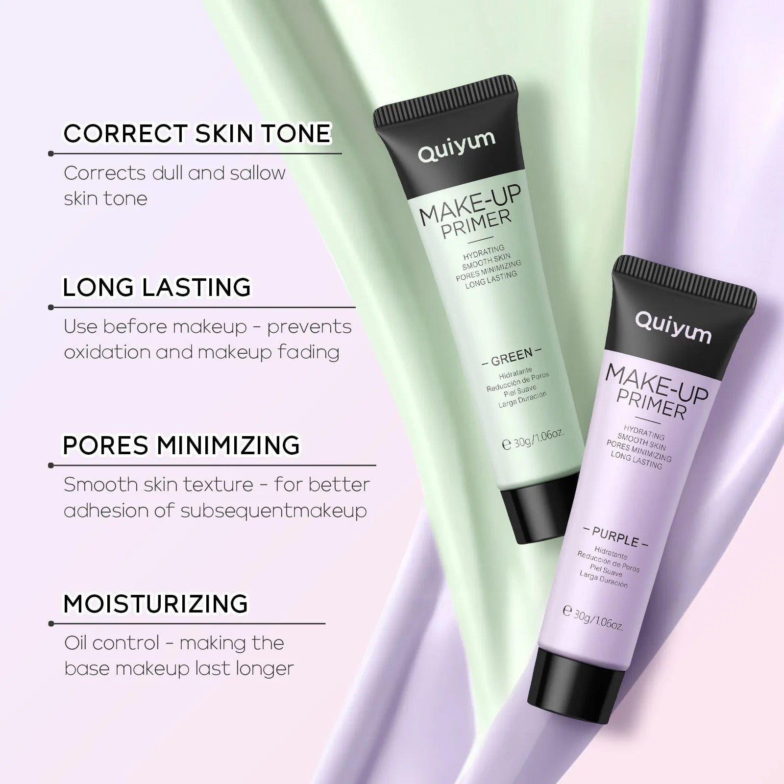 Colour correcting makeup primer box with green, pink, and purple 30g containers