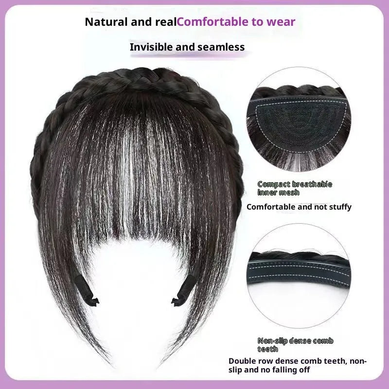 Bangs wig for women artificial twist braid high temperature fibre integrated hair band natural black with sideburns