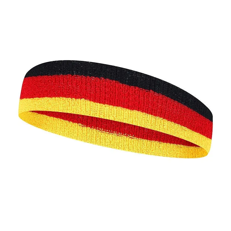 Sports headband in various colour combinations showing 5.5cm width and 20cm length dimensions