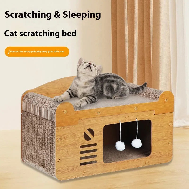 Double layer corrugated paper cat house with double ball double door design