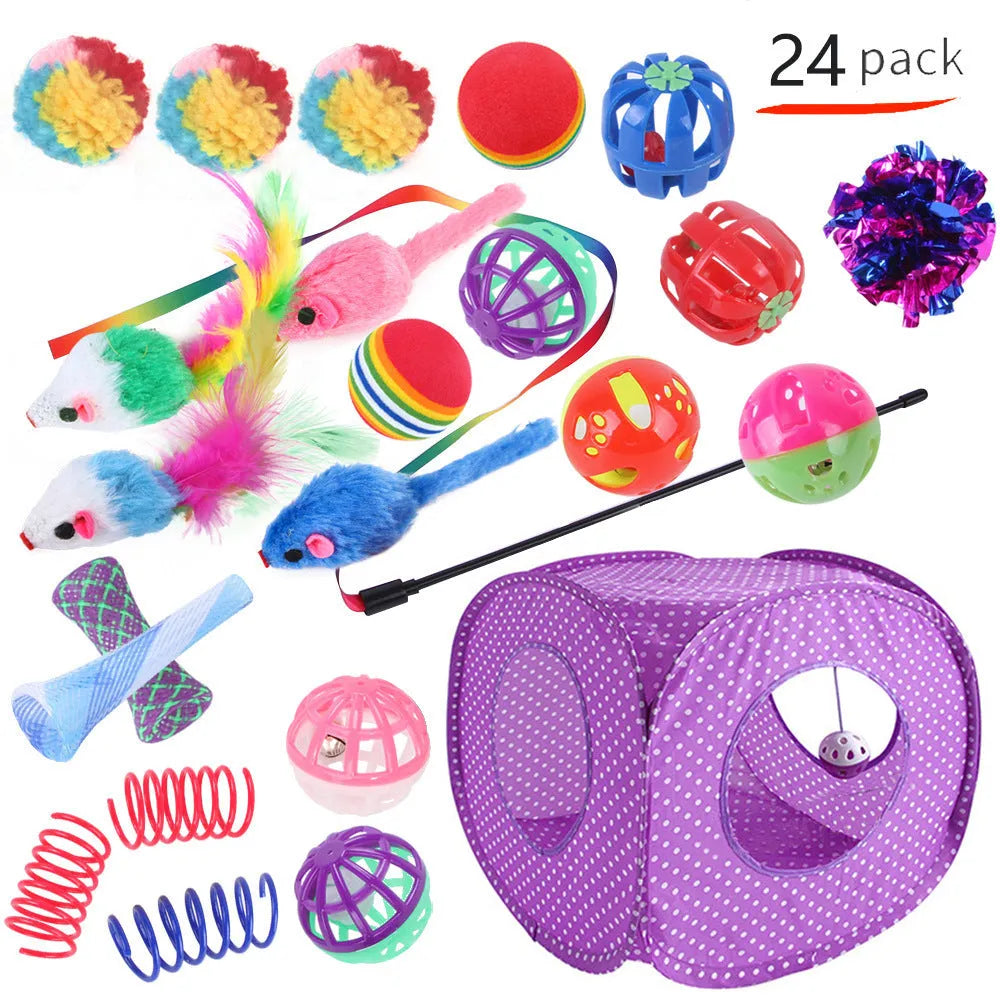Plastic cat tunnel toy showing tubular channel design for feline play, with random colour accessories.