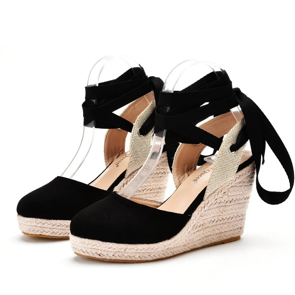 Women's apricot wedge sandals with buckle strap and beaded tassel detail on a low-cut artificial PU upper.