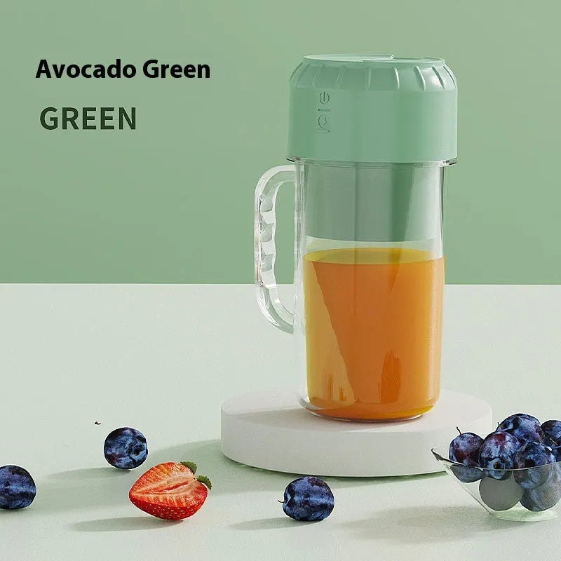 Portable USB-powered juicer in avocado green or cherry blossom powder with selectable blade options