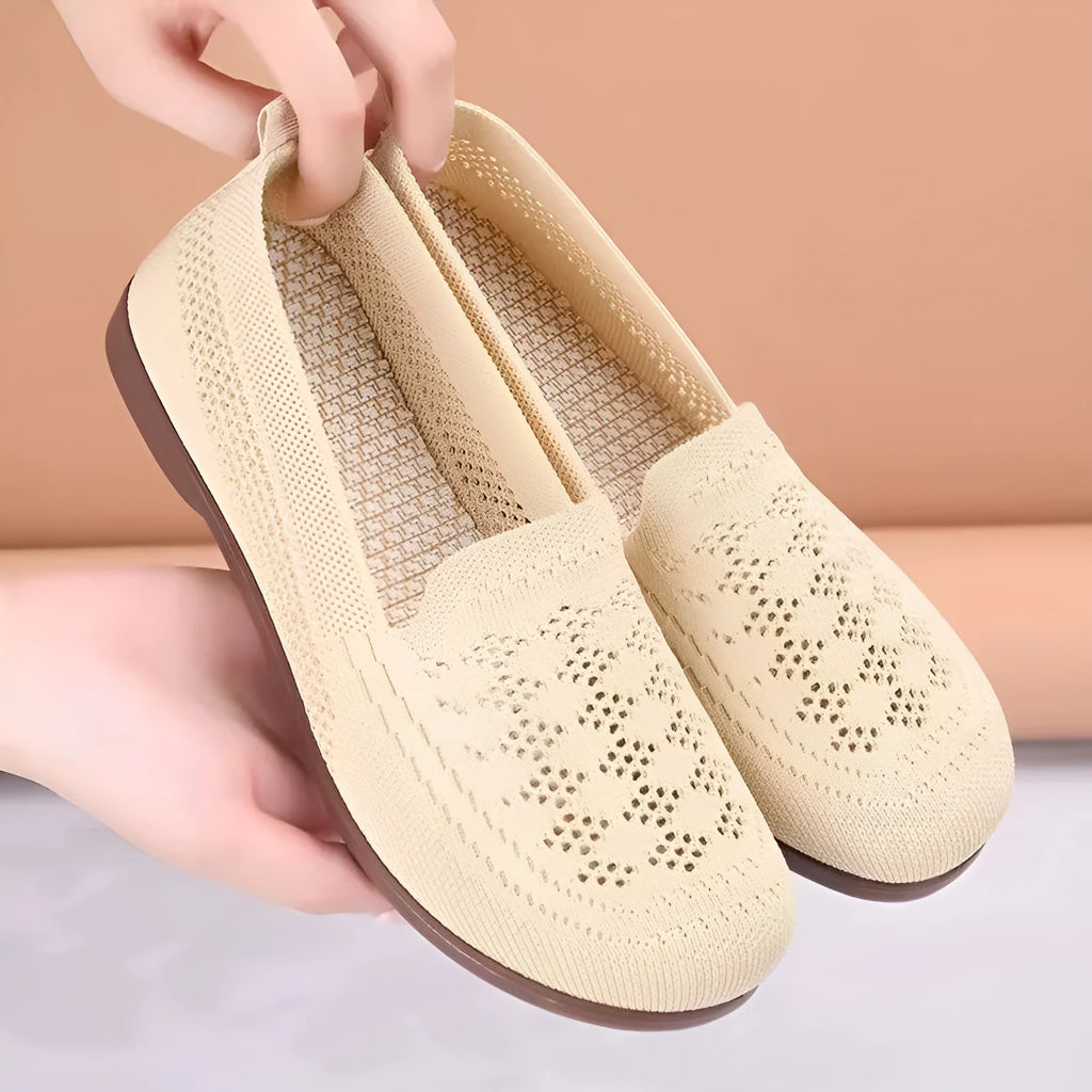 Beige casual tennis shoes for elderly women with mesh upper, antiskid sole, and Flyknit lining for wide feet summer wear
