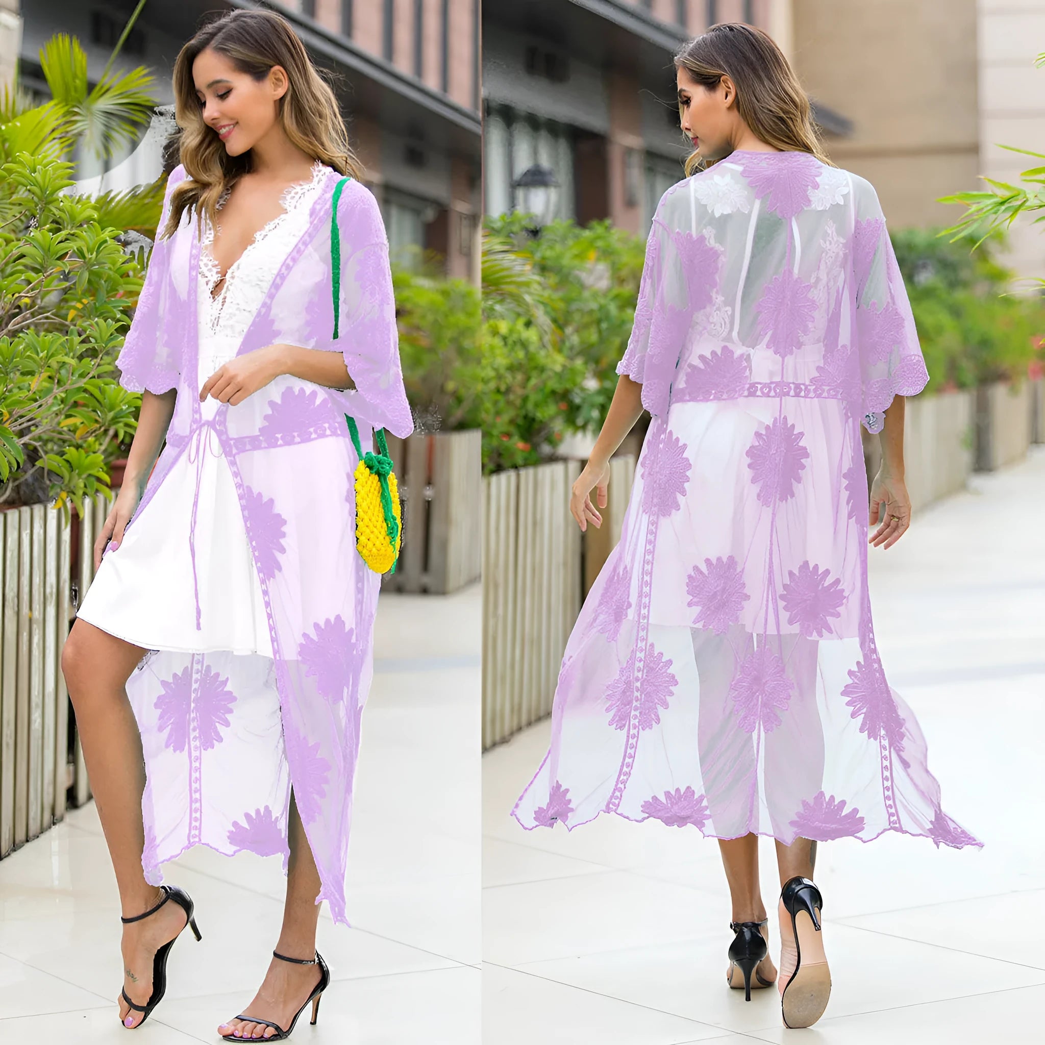 Light purple women's beach dress with lace embroidery, cotton lining, free size swimsuit cover-up