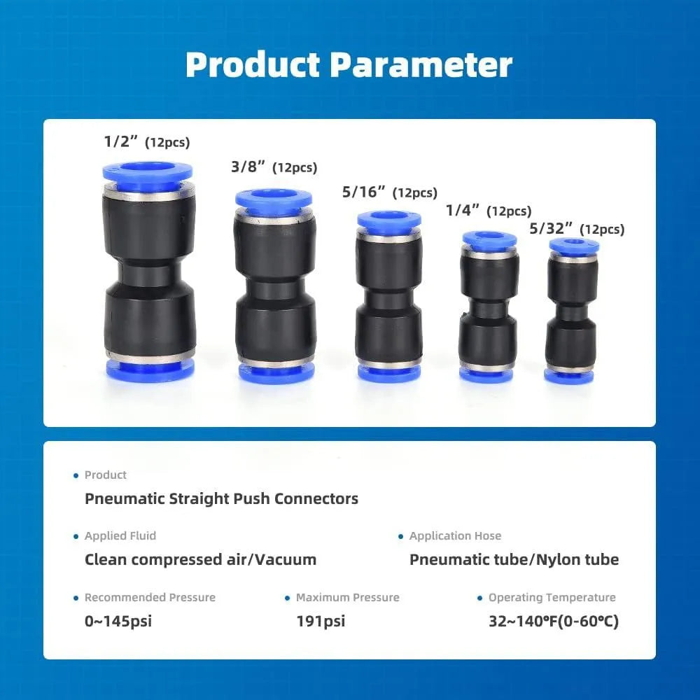 60-piece pneumatic push connector kit showing R1/4 and R1/2 thread fittings