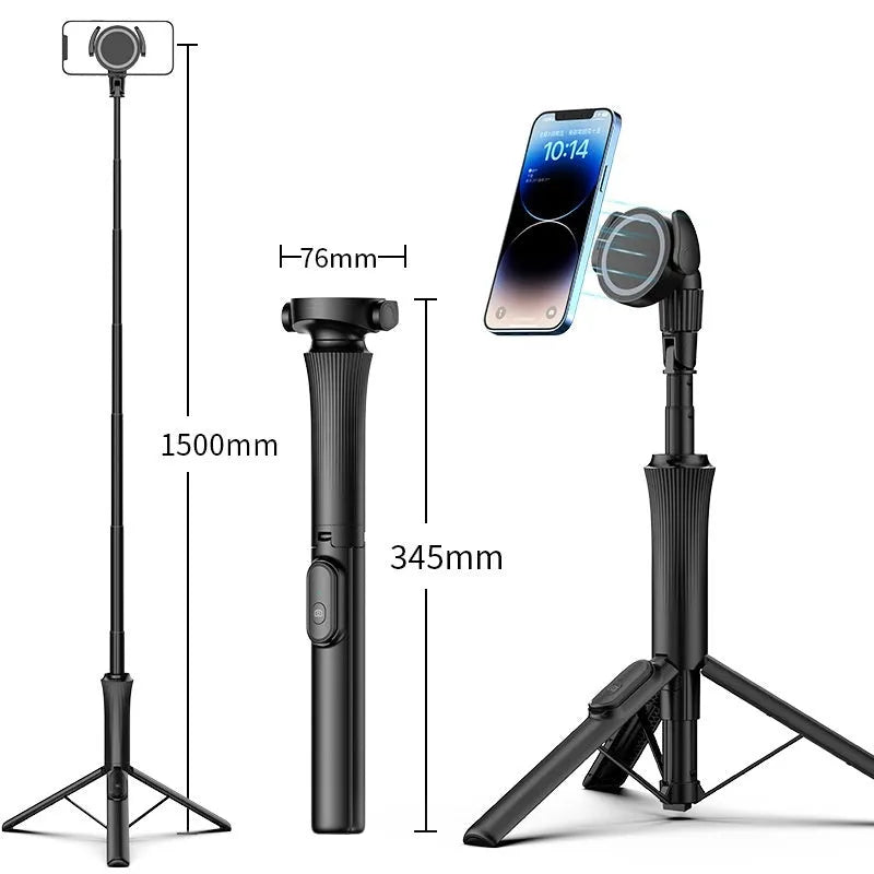 Bluetooth floor magnetic selfie stick with Magsafe bracket in black at 150cm height