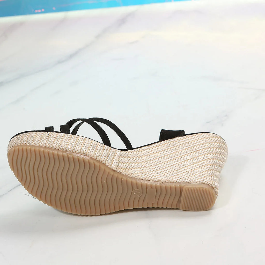 Women's simple wedge sandals with cloth upper and fish mouth toe in beige, black, and white.