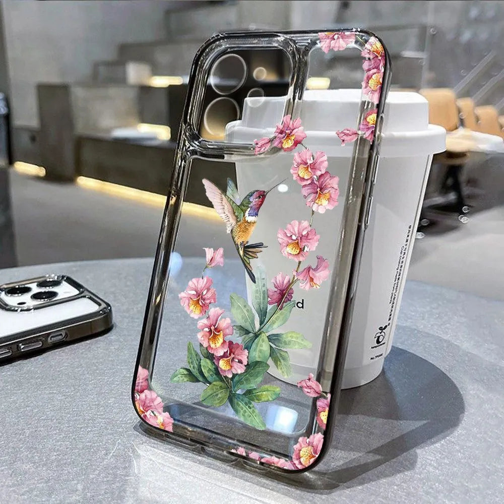 Flower Magpie fine hole all-inclusive TPU phone case for iPhone, transparent black, shockproof