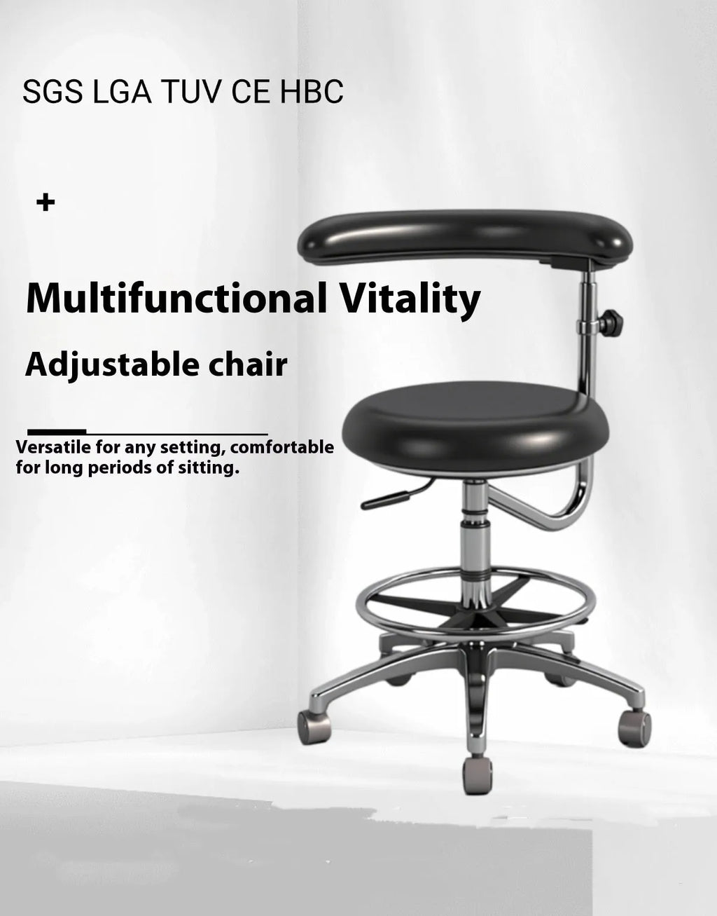 Black leather dental hospital chair with height adjustment lift mechanism