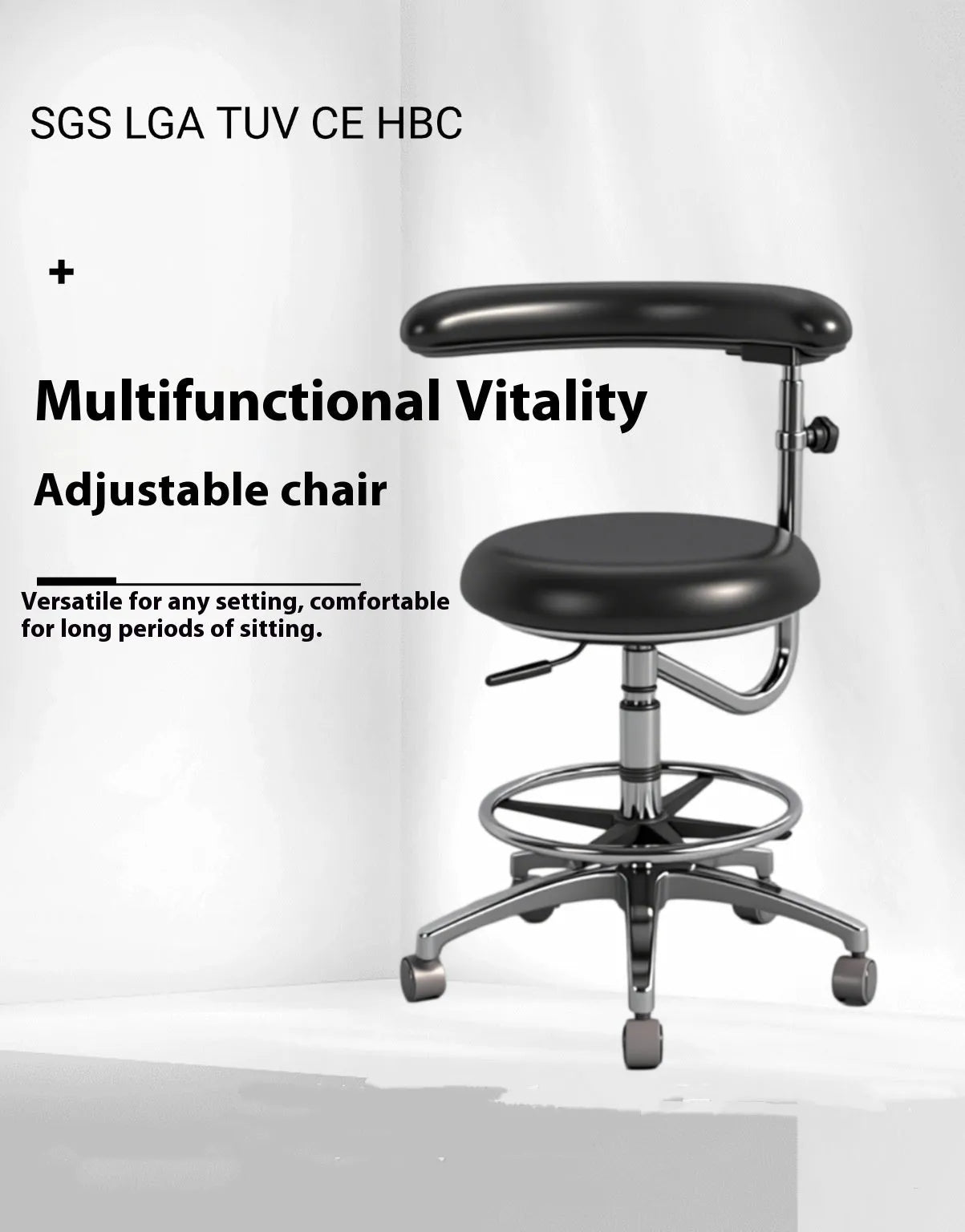 Black leather dental hospital chair with height adjustment lift mechanism