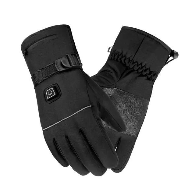 Pair of black electric heated gloves with touchscreen fingertips and zipped battery pocket, 28 cm length.