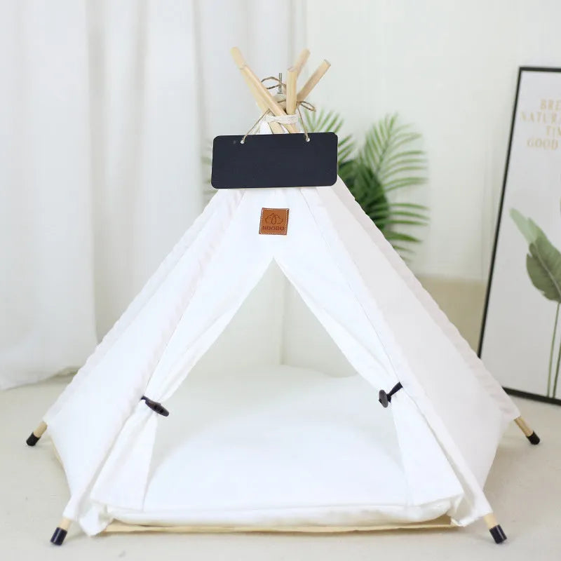 White striped pet teepee tent with cushion for small dog or cat indoors