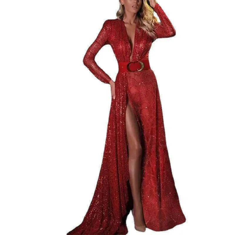 Red polyester long sleeve sequin dress with high waist and side split on mannequin