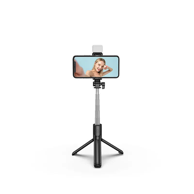 Black Bluetooth selfie stick tripod with phone holder showing 360-degree rotating head and aluminium alloy construction