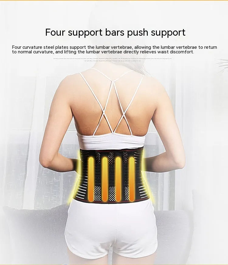 Black breathable sports waist support with steel plate for lumbar decompression, shown with size tags.