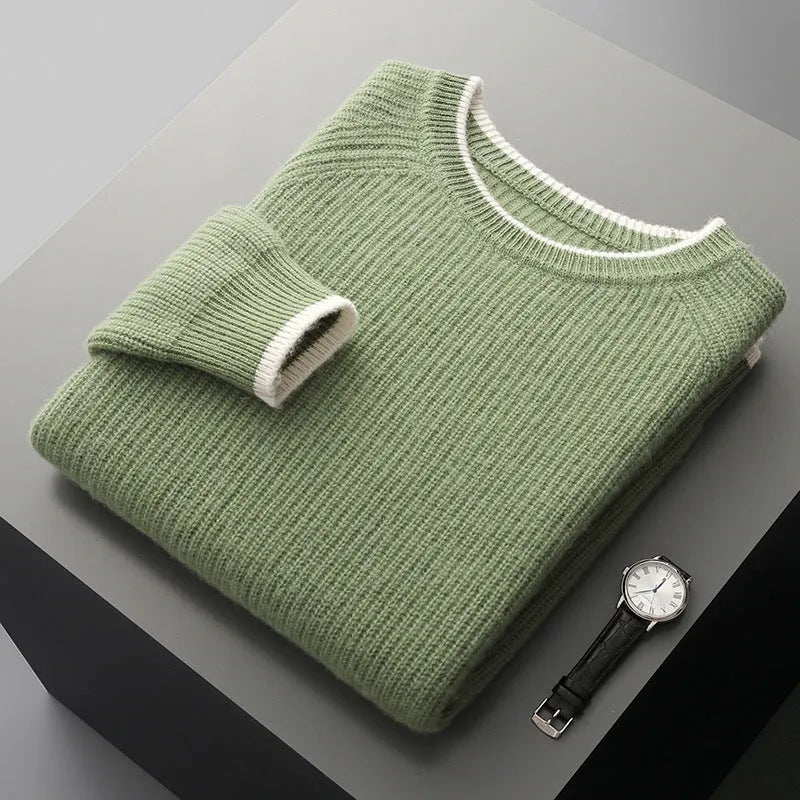 Men's round neck double-strand thickened wool sweater in rough yarn, black colour
