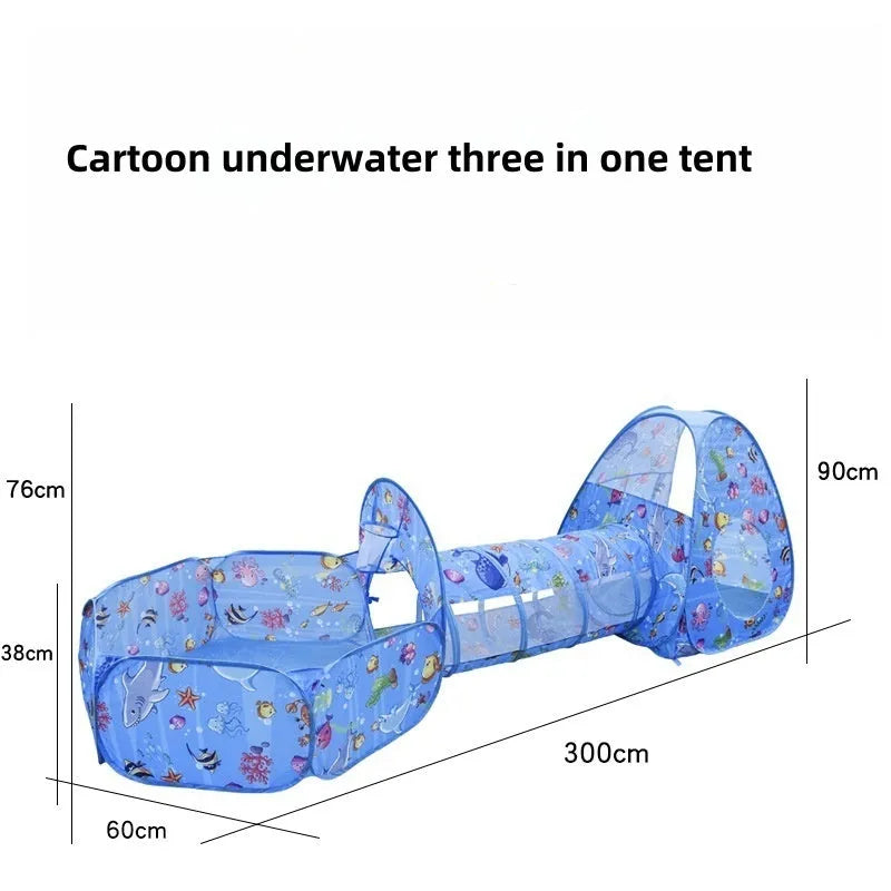 Children's three-in-one play tent set with ball pool and crawl tunnel in marine cartoon design