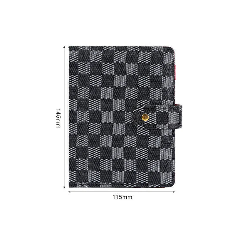 A7 size PU leather loose-leaf notebook with checkered pattern and buckle closure in brown colour