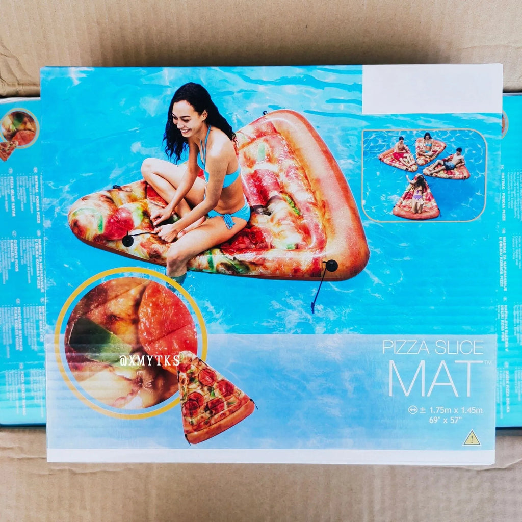 Inflatable pizza surfboard float with colourful design, dimensions 175cm by 145cm