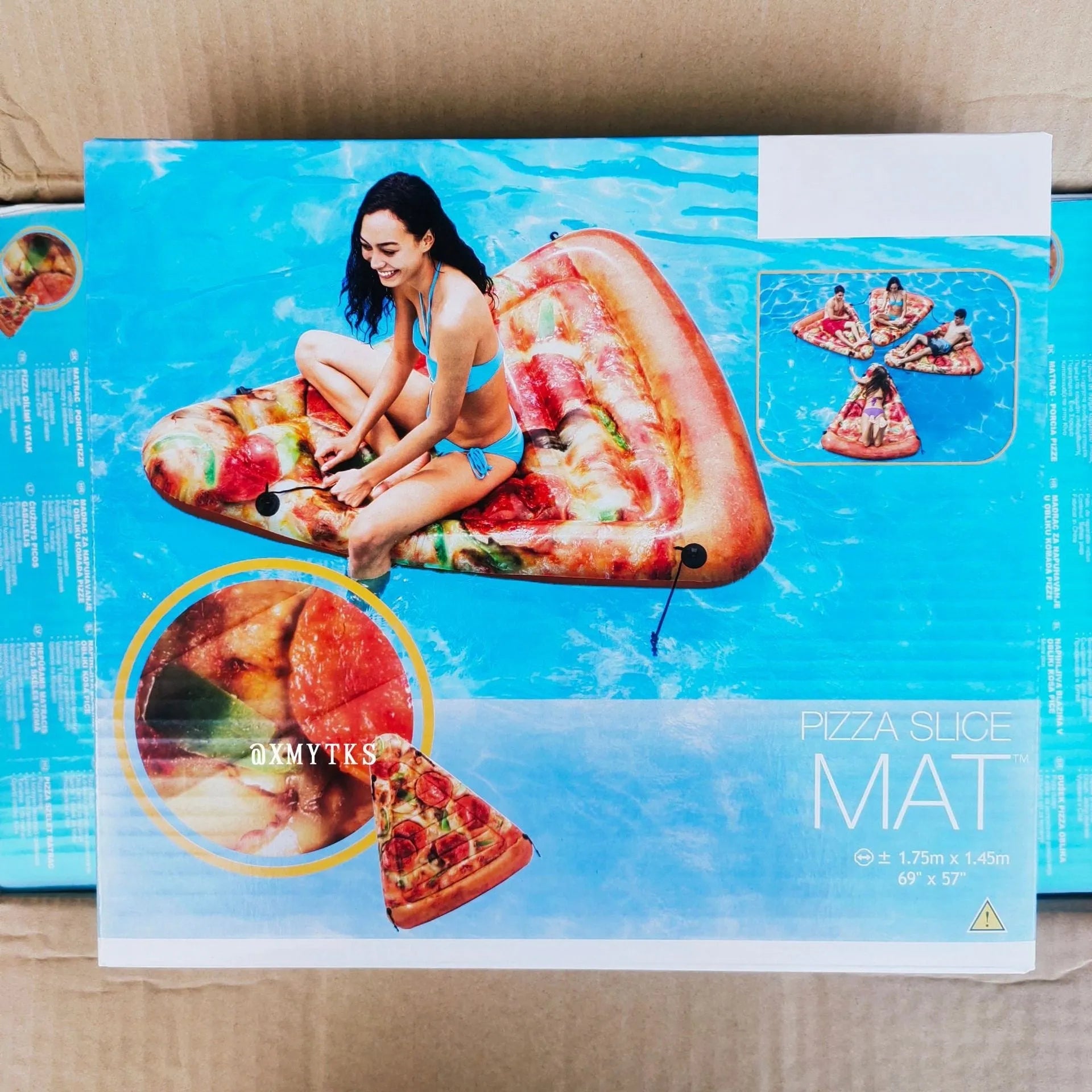 Inflatable pizza surfboard float with colourful design, dimensions 175cm by 145cm
