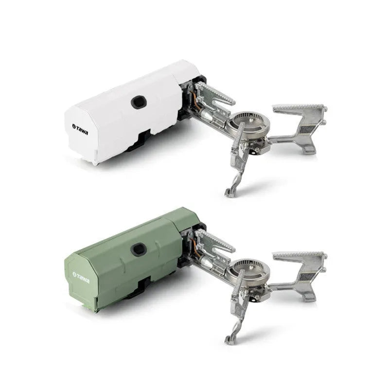 Green portable folding camping gas stove shown open for cooking and folded with its carry bag.