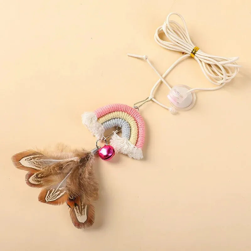 Blue feather cat rope door swing toy with elastic cord and sticky buckle clamp attached to door