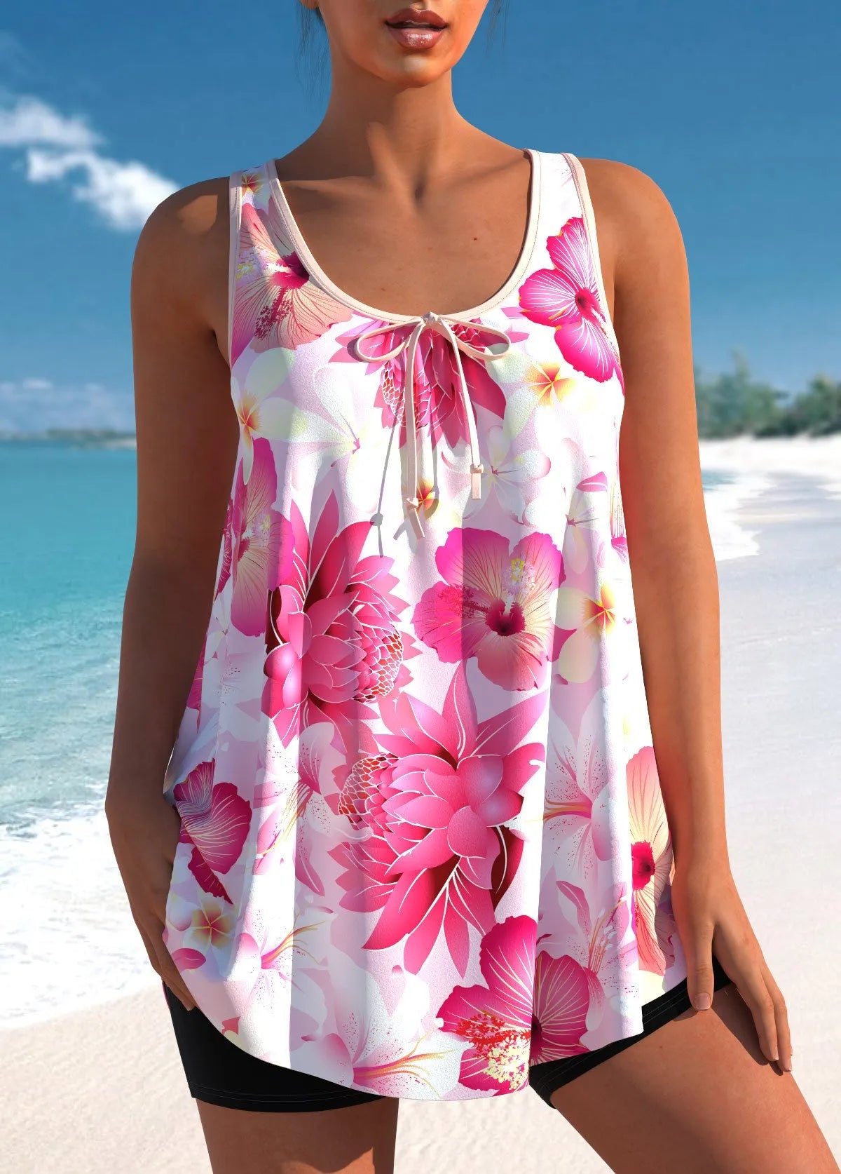 Pink printed tankini swimsuit for plus-size ladies with high-waist briefs.