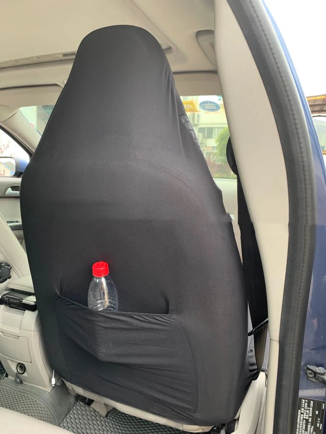 Black quilted polyurethane car seat cover for front seats with plastic attachment hooks