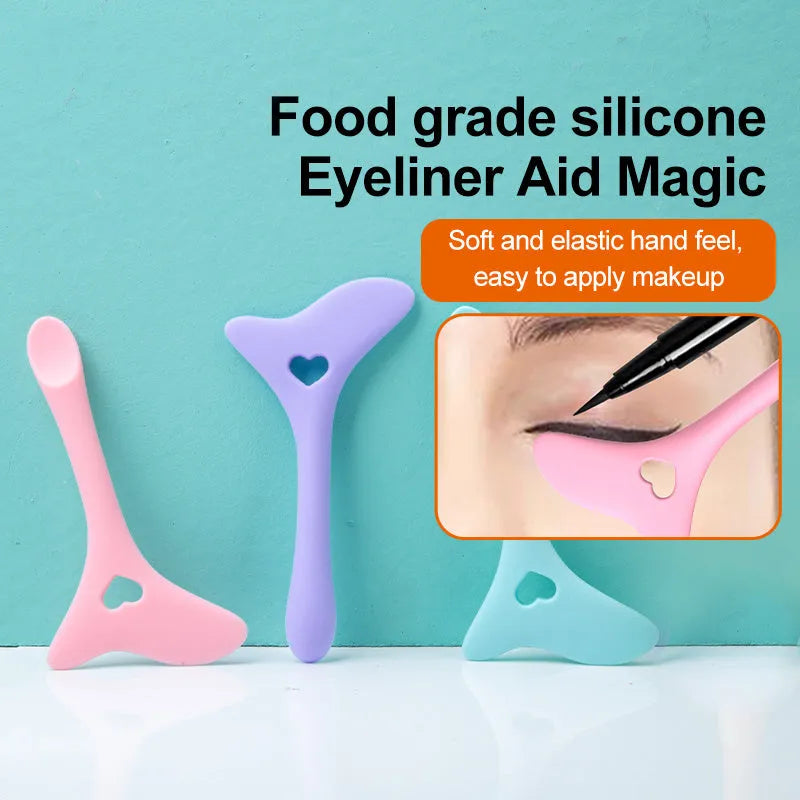 Four reusable silicone winged eyeliner stencils in pink, blue, purple, and yellow on a white background