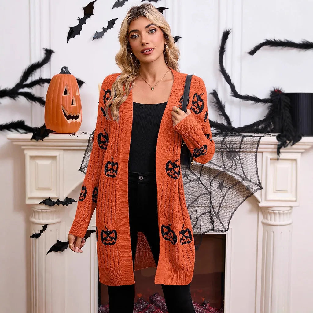 Women's black Halloween cardigan with orange pumpkin head jacquard pattern, medium length straight cut