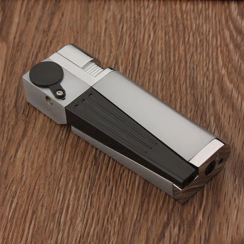 Silver foldable metal pipe lighter showing open flame and stash compartment.
