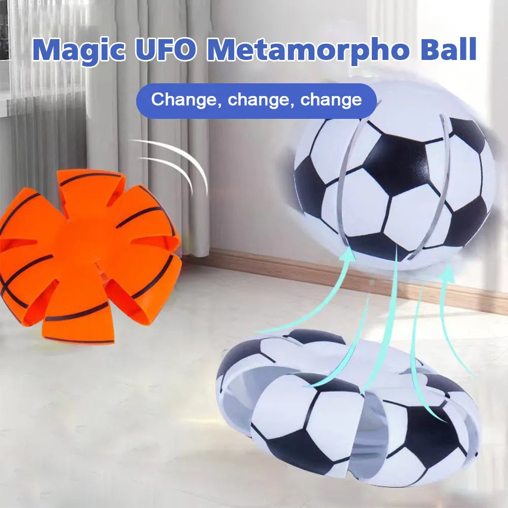 Transformable dog toy showing ball and flying disc modes in orange plastic with 9cm diameter