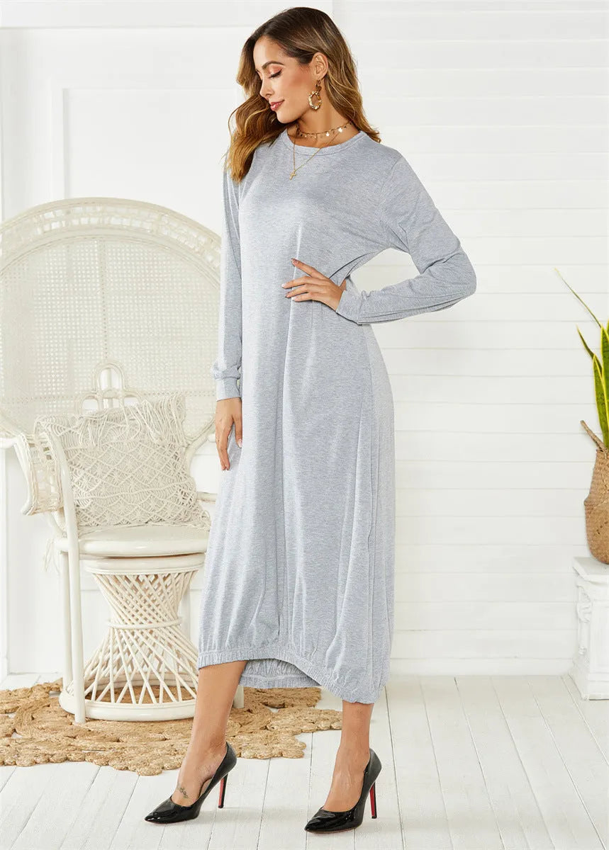 Black lantern dress with lace-up crew neck and loose long silhouette