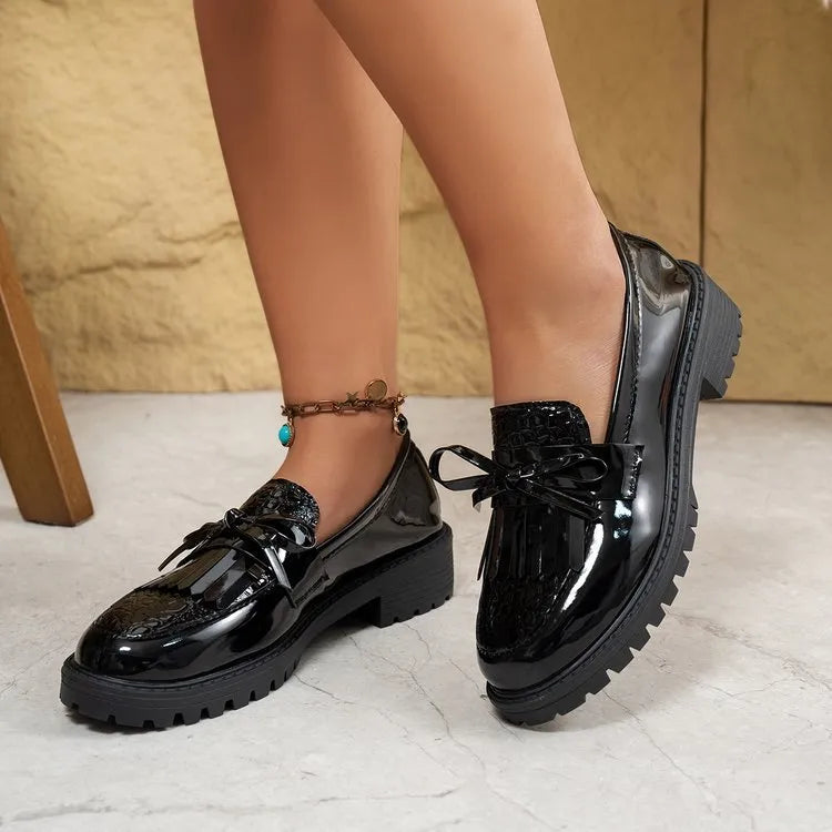 Women's brown and black bow loafers with PU upper in various sizes for spring and autumn wear