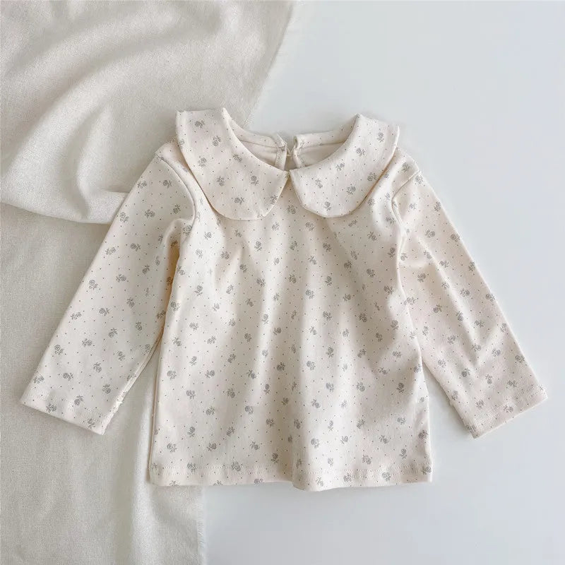 Cotton baby girl top with long sleeves, plaid floral print, white Little Flower options, suitable height 66cm to 100cm.