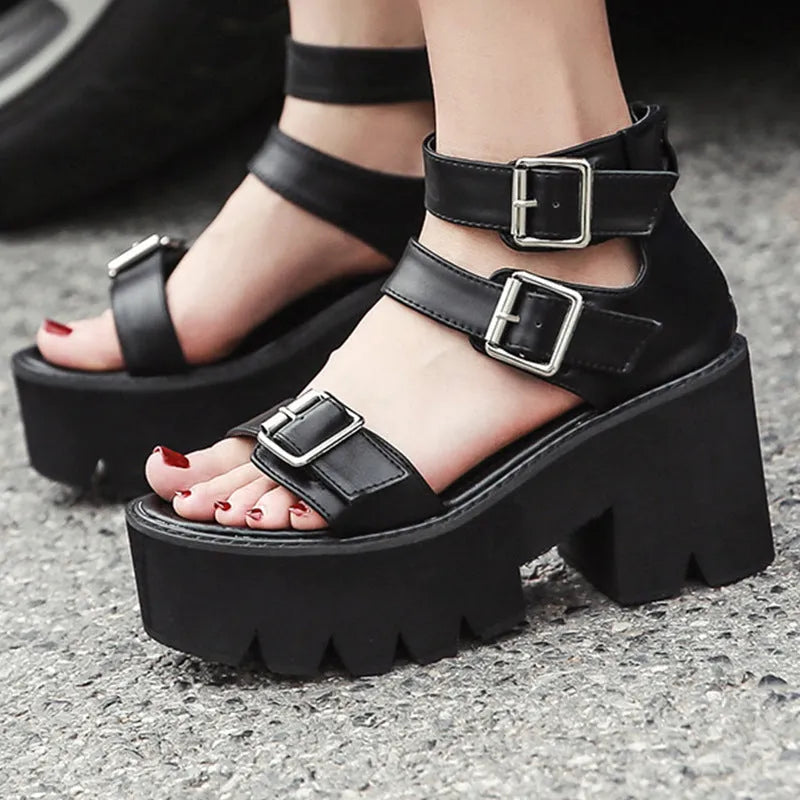 Black women's punk Harajuku sandals with chunky platform heel and rear zipper.