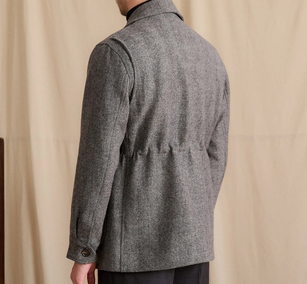 Men's Dark Gray wool suit collar commuter jacket with cinched style and pocket