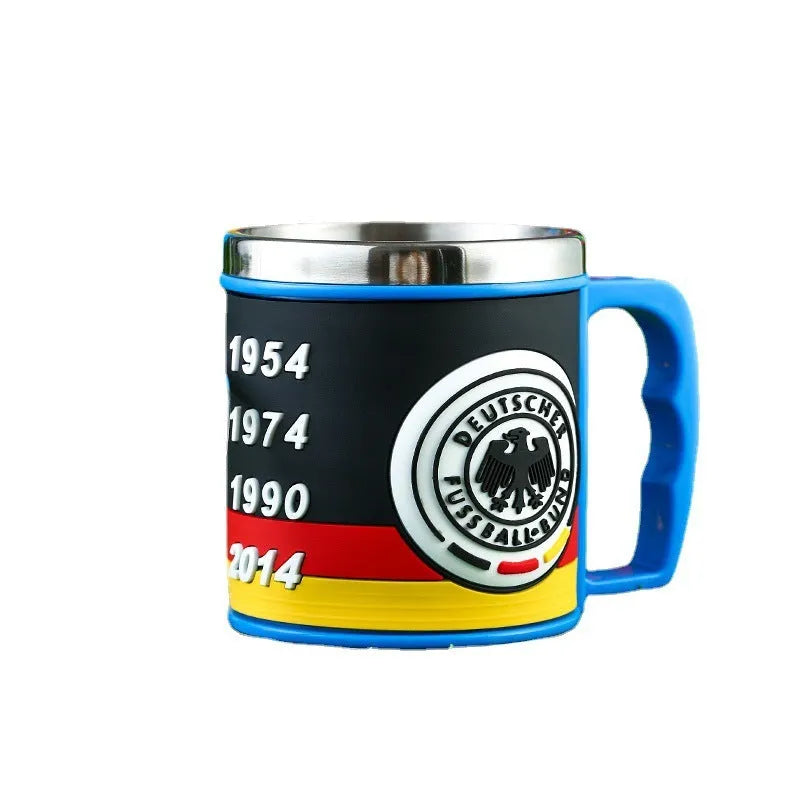 World Cup soccer mug souvenir with rubber metal construction, 7.6cm diameter, showing team colour design
