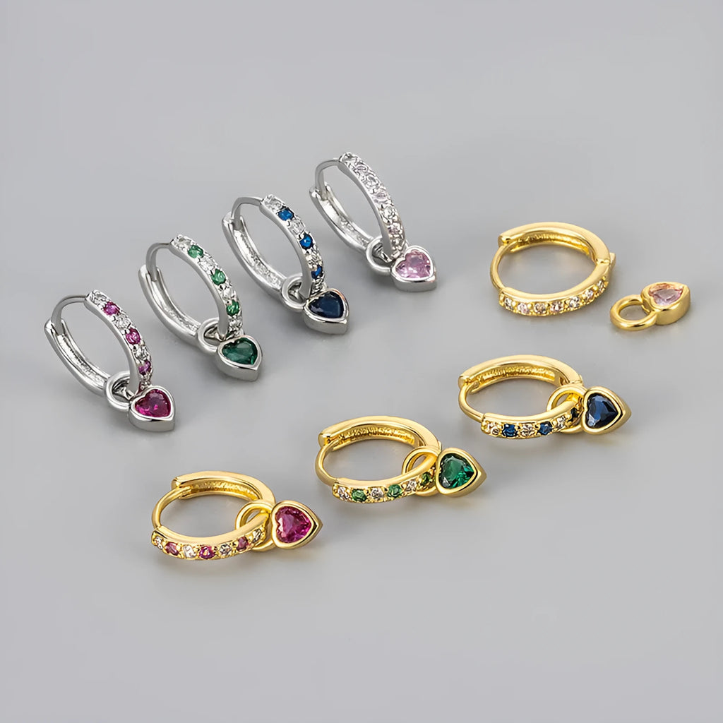 Women's heart-shaped zircon earrings with coloured gemstone centre and gold or white gold plating